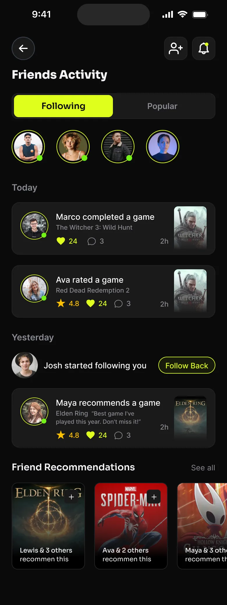 Pinboxd home feed with friend activity, trending games, and recent reviews