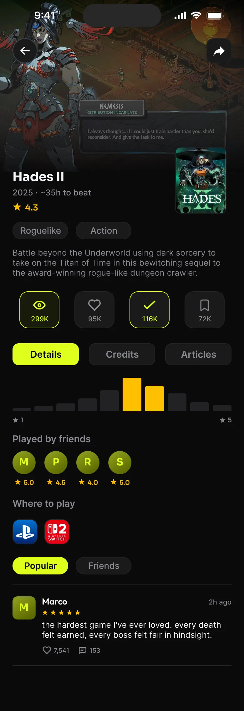 Pinboxd game detail with reviews and community rating score